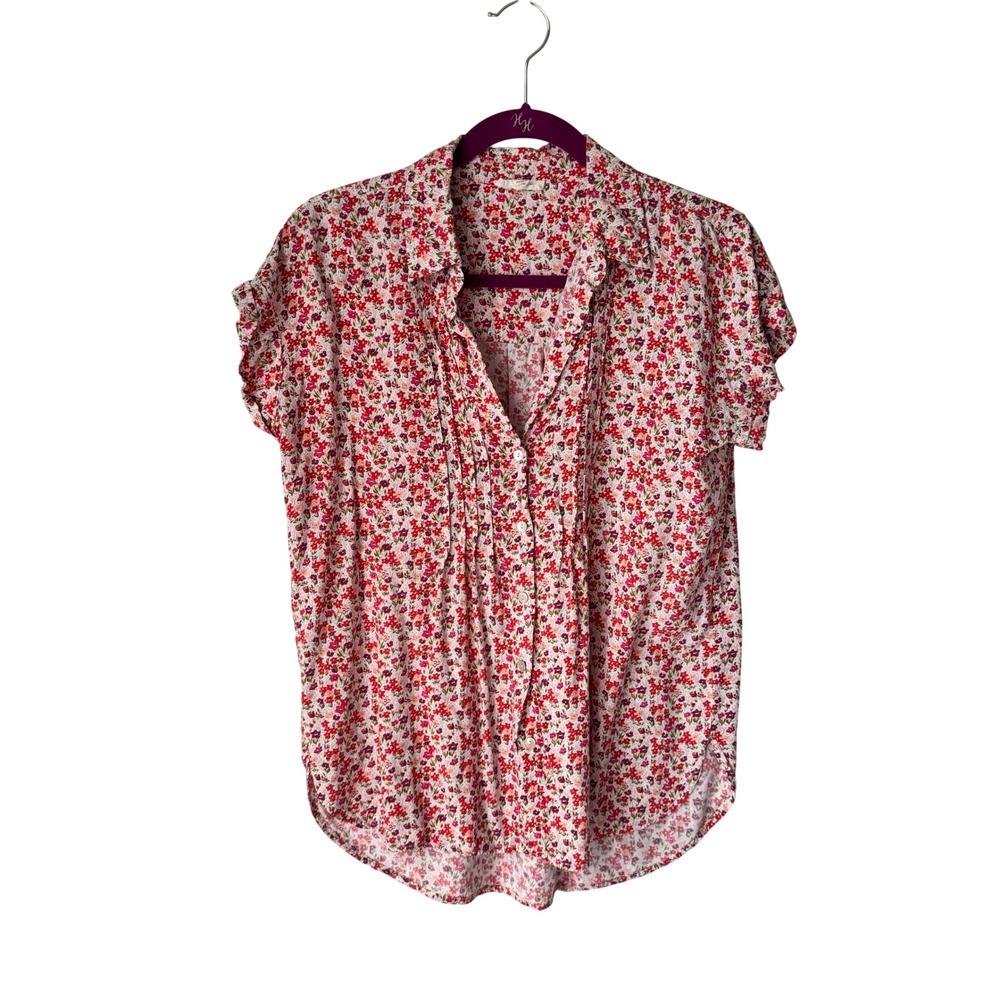 Jane and Delancey Red Ditsy Floral Pintuck Short Sleeve Button Up Blouse Small